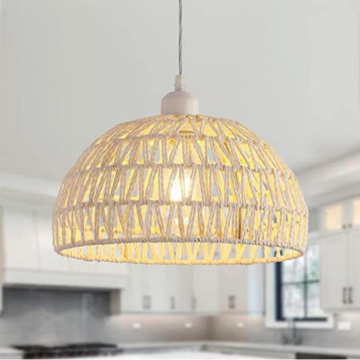 Modern Natural Woven Rope Dome Pendant Light Adjustable Cord Image - 1