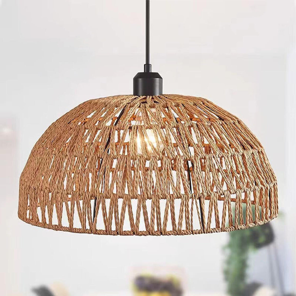 Modern Natural Woven Rope Dome Pendant Light Adjustable Cord Image - 2