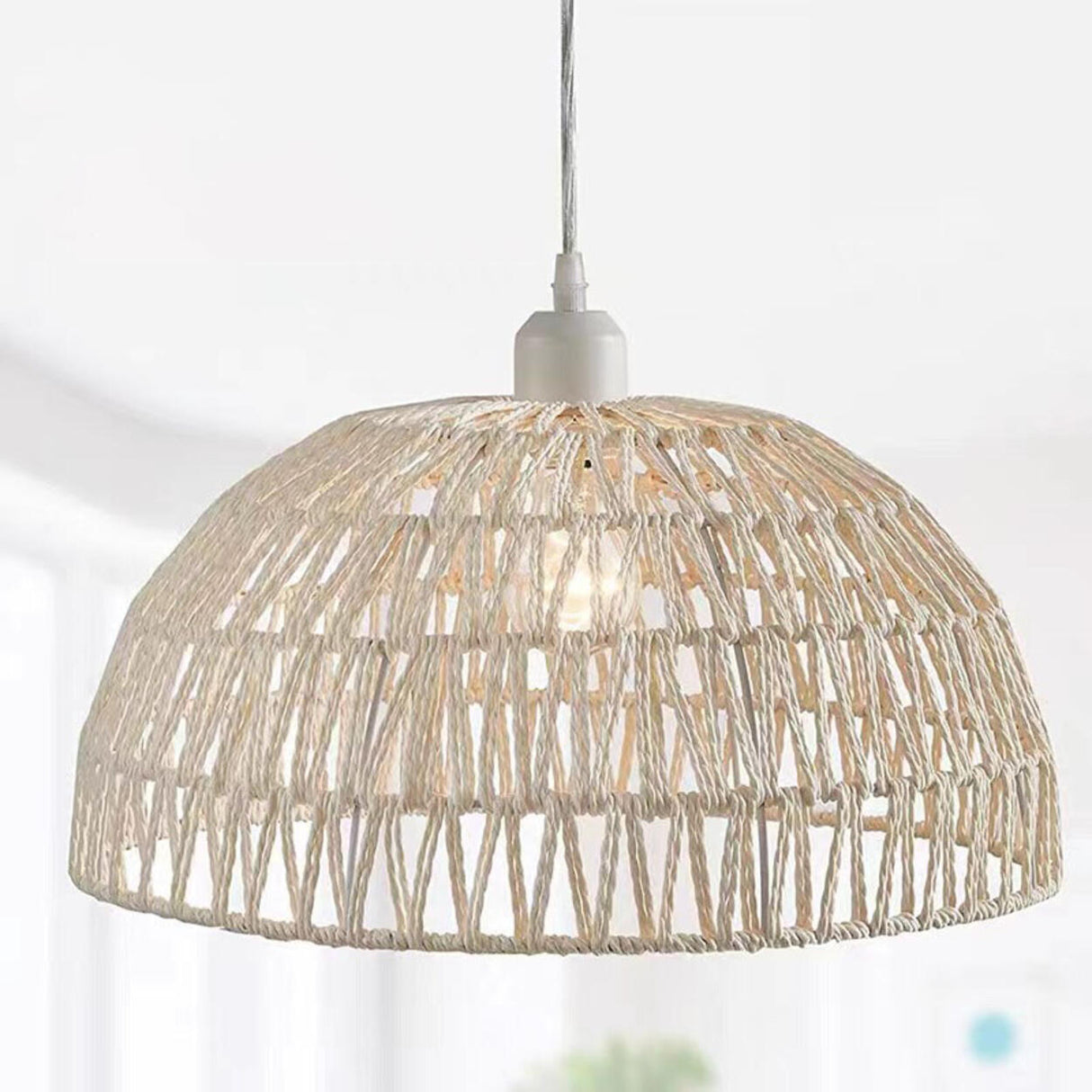 Modern Natural Woven Rope Dome Pendant Light Adjustable Cord Image - 7