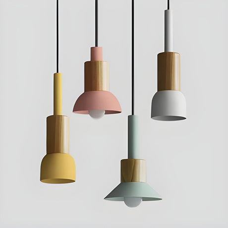 Modern Nordic Cone Colorful Wood Pendant Light Set Image - 1