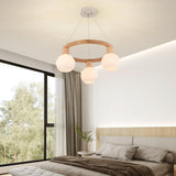 Modern Nordic Globe Milk Glass Wooden Ring Chandelier Image - 1