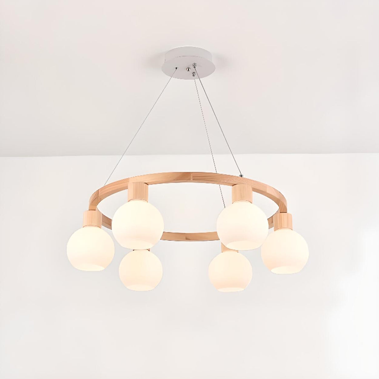 Modern Nordic Globe Milk Glass Wooden Ring Chandelier Image - 10