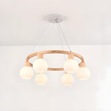 Modern Nordic Globe Milk Glass Wooden Ring Chandelier Image - 10