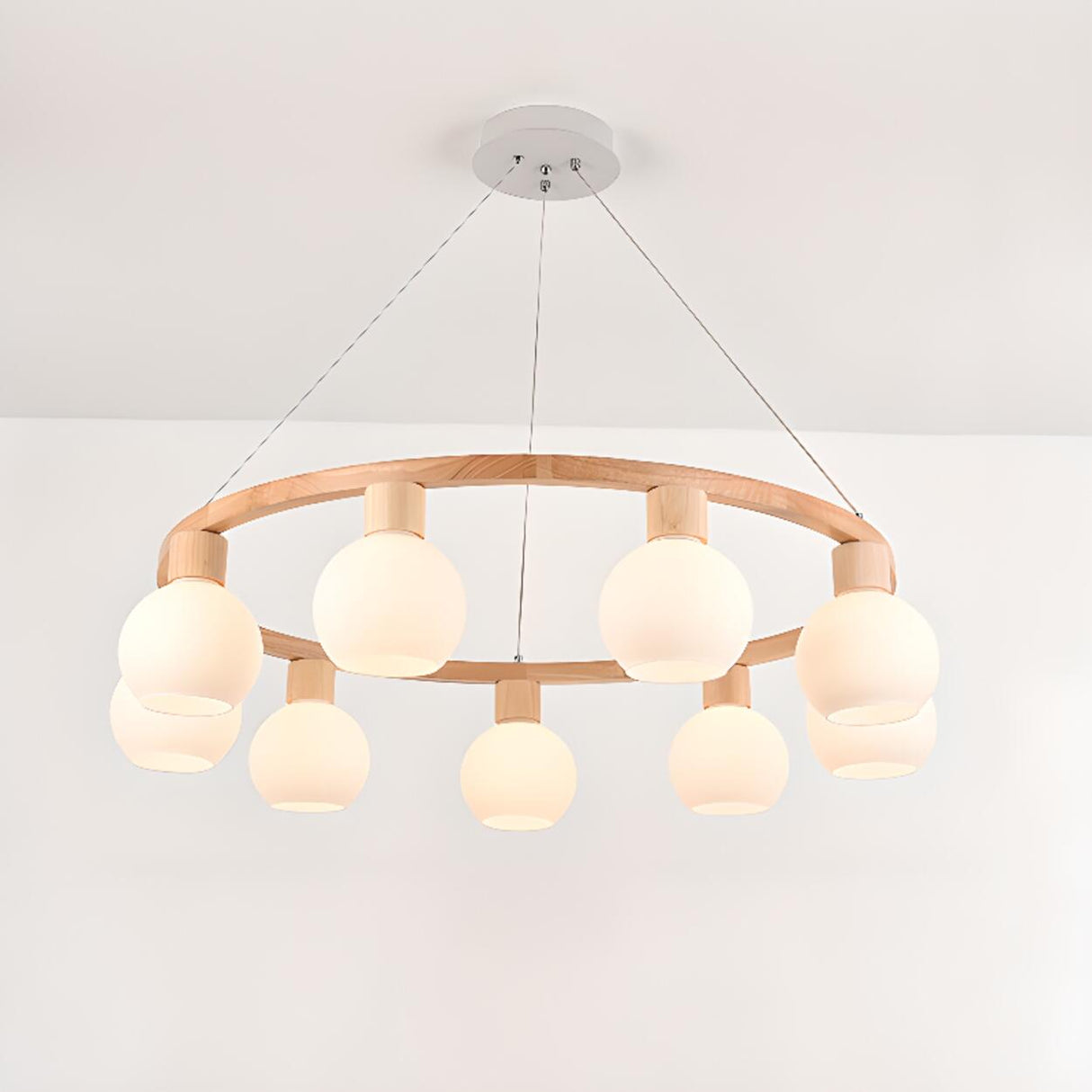 Modern Nordic Globe Milk Glass Wooden Ring Chandelier Image - 11