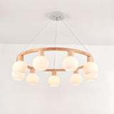 Modern Nordic Globe Milk Glass Wooden Ring Chandelier Image - 11