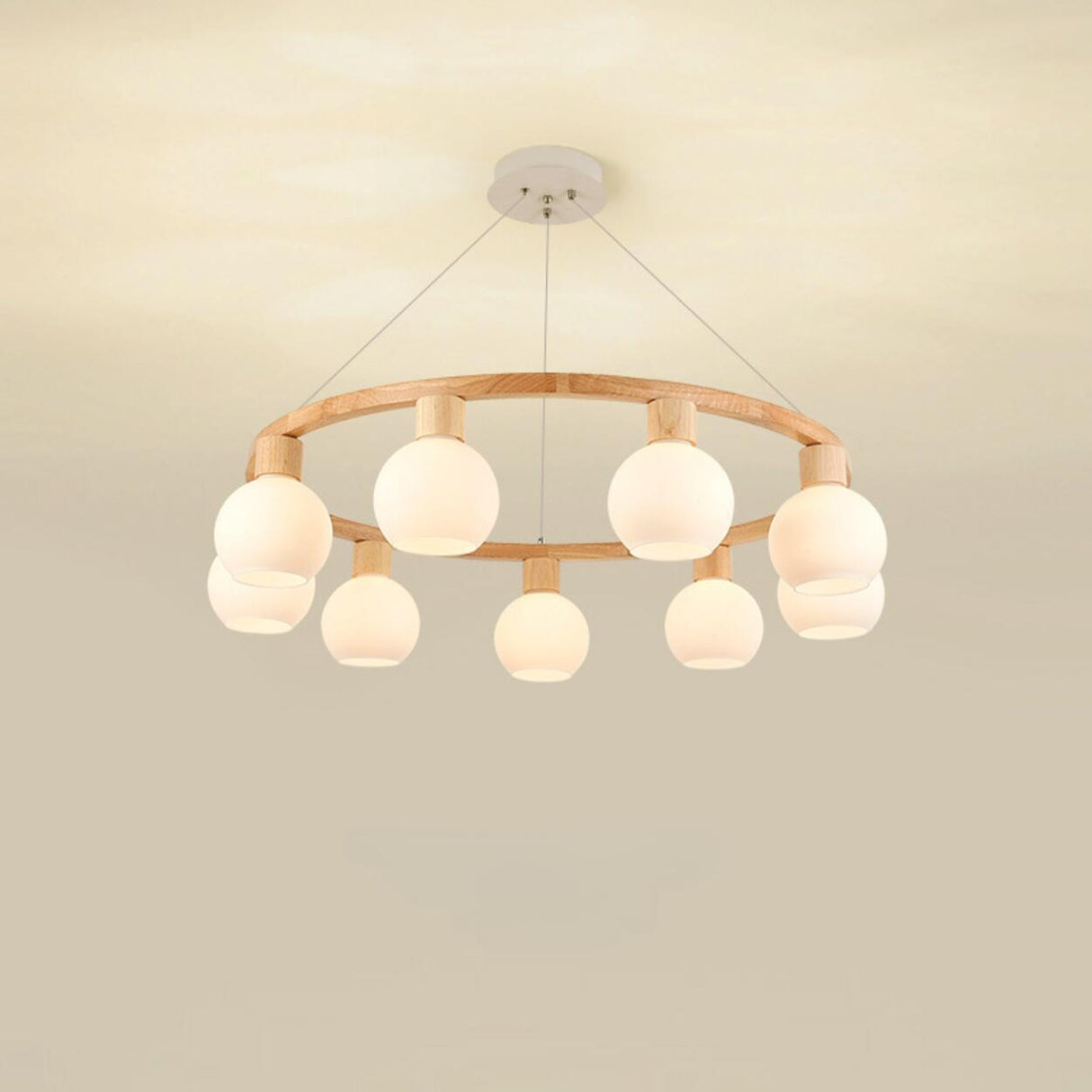 Modern Nordic Globe Milk Glass Wooden Ring Chandelier Image - 12