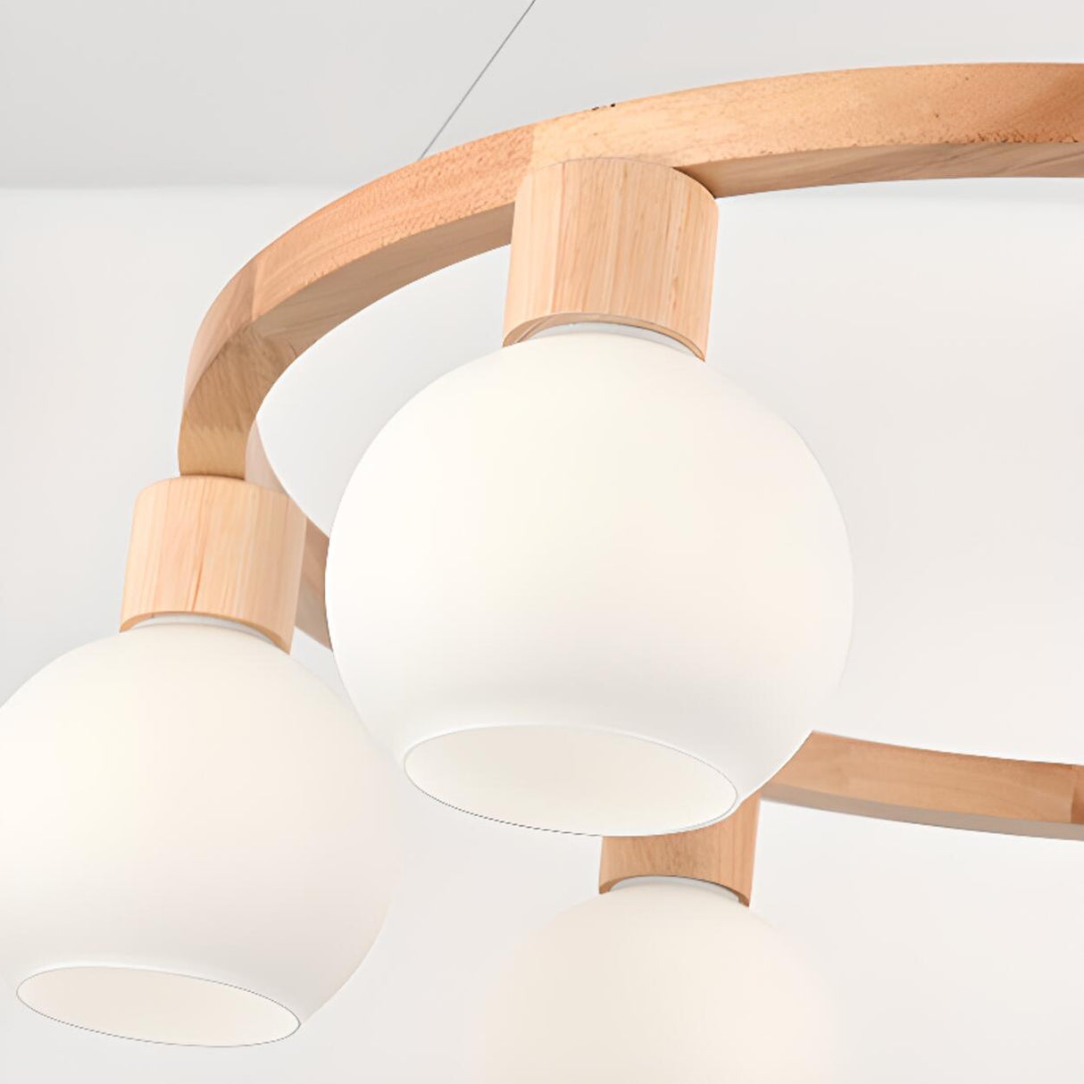 Modern Nordic Globe Milk Glass Wooden Ring Chandelier Image - 14