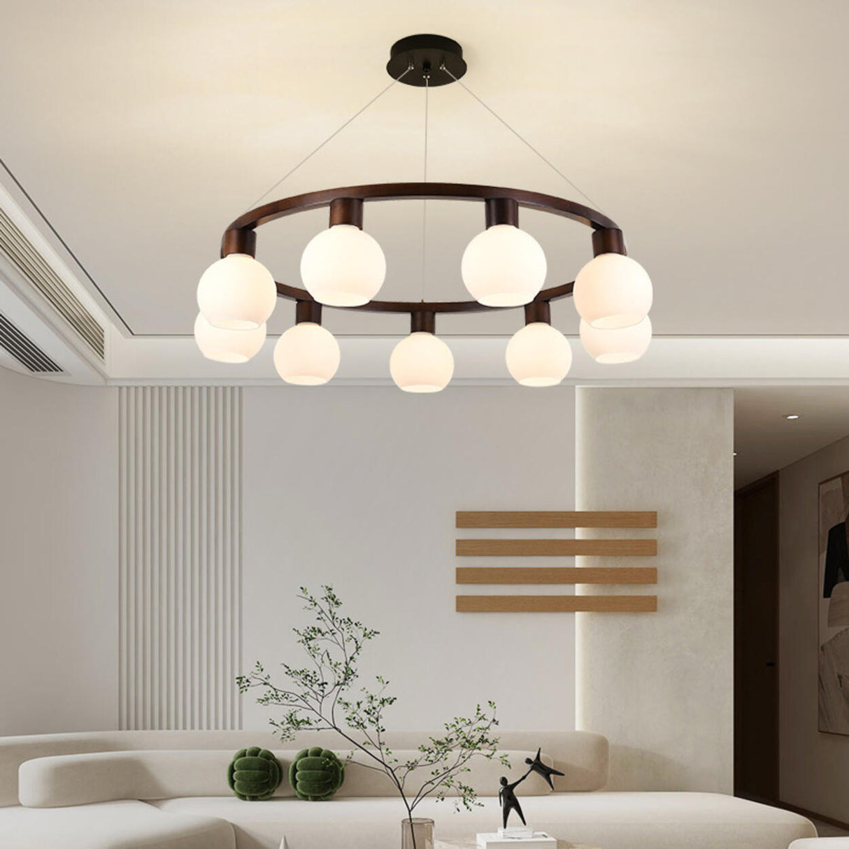 Modern Nordic Globe Milk Glass Wooden Ring Chandelier Image - 2