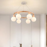 Modern Nordic Globe Milk Glass Wooden Ring Chandelier Image - 3