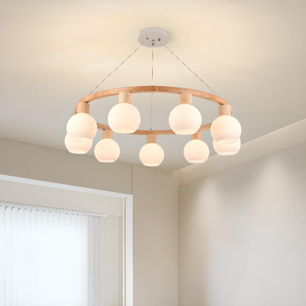 Modern Nordic Globe Milk Glass Wooden Ring Chandelier Image - 4