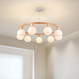 Modern Nordic Globe Milk Glass Wooden Ring Chandelier Image - 4