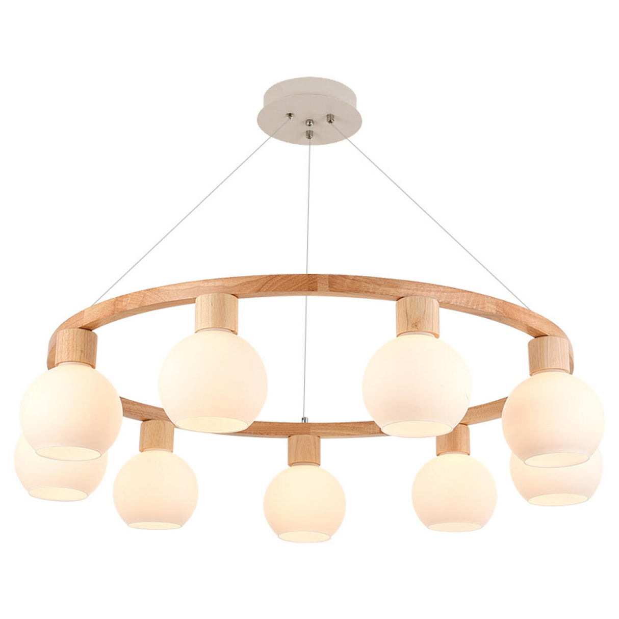 Modern Nordic Globe Milk Glass Wooden Ring Chandelier Image - 5