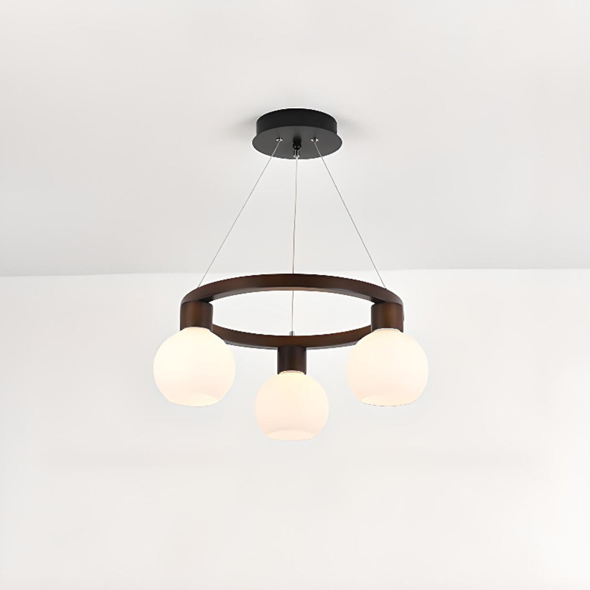 Modern Nordic Globe Milk Glass Wooden Ring Chandelier Image - 6