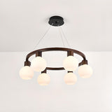 Modern Nordic Globe Milk Glass Wooden Ring Chandelier Image - 7