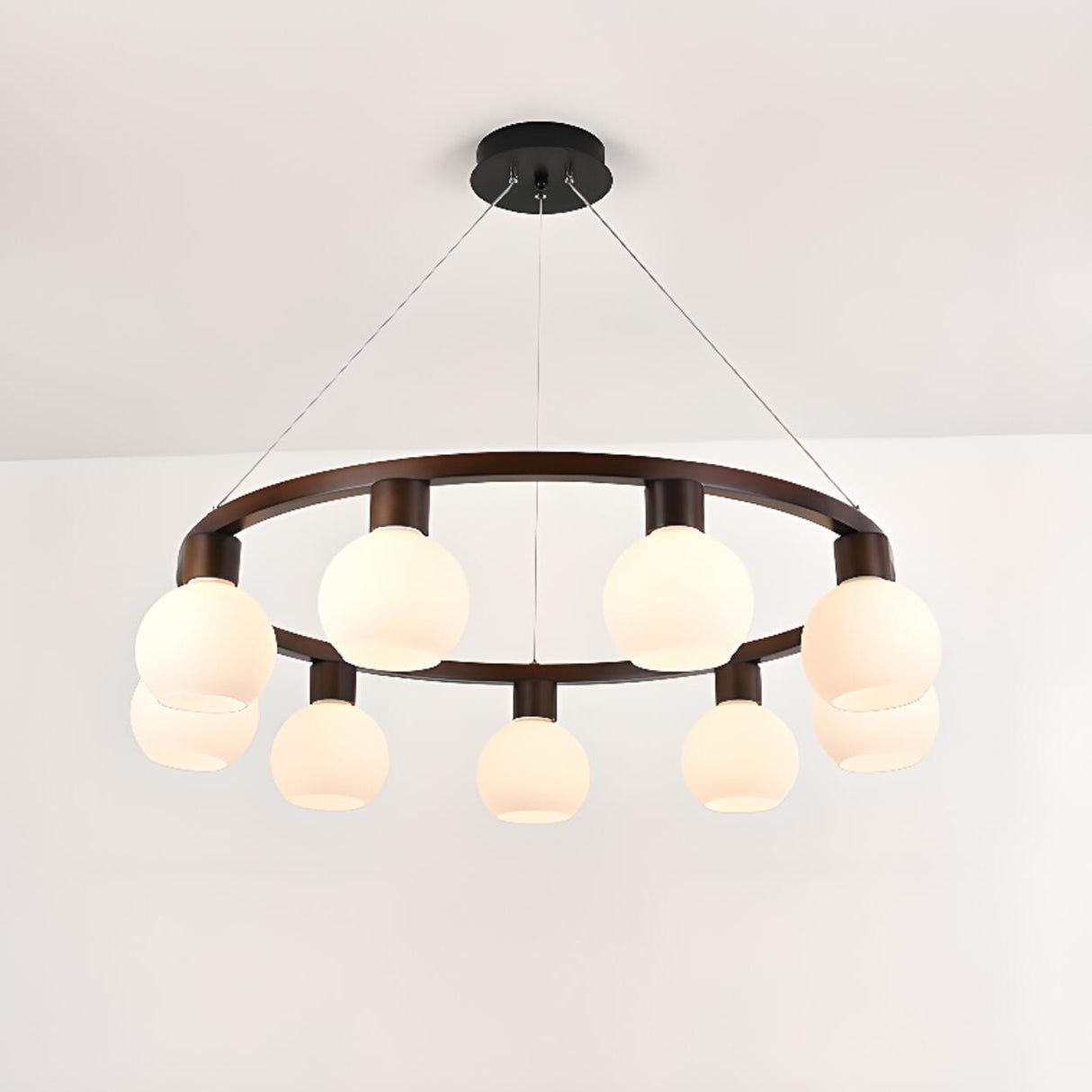 Modern Nordic Globe Milk Glass Wooden Ring Chandelier Image - 8