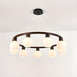 Modern Nordic Globe Milk Glass Wooden Ring Chandelier Image - 8