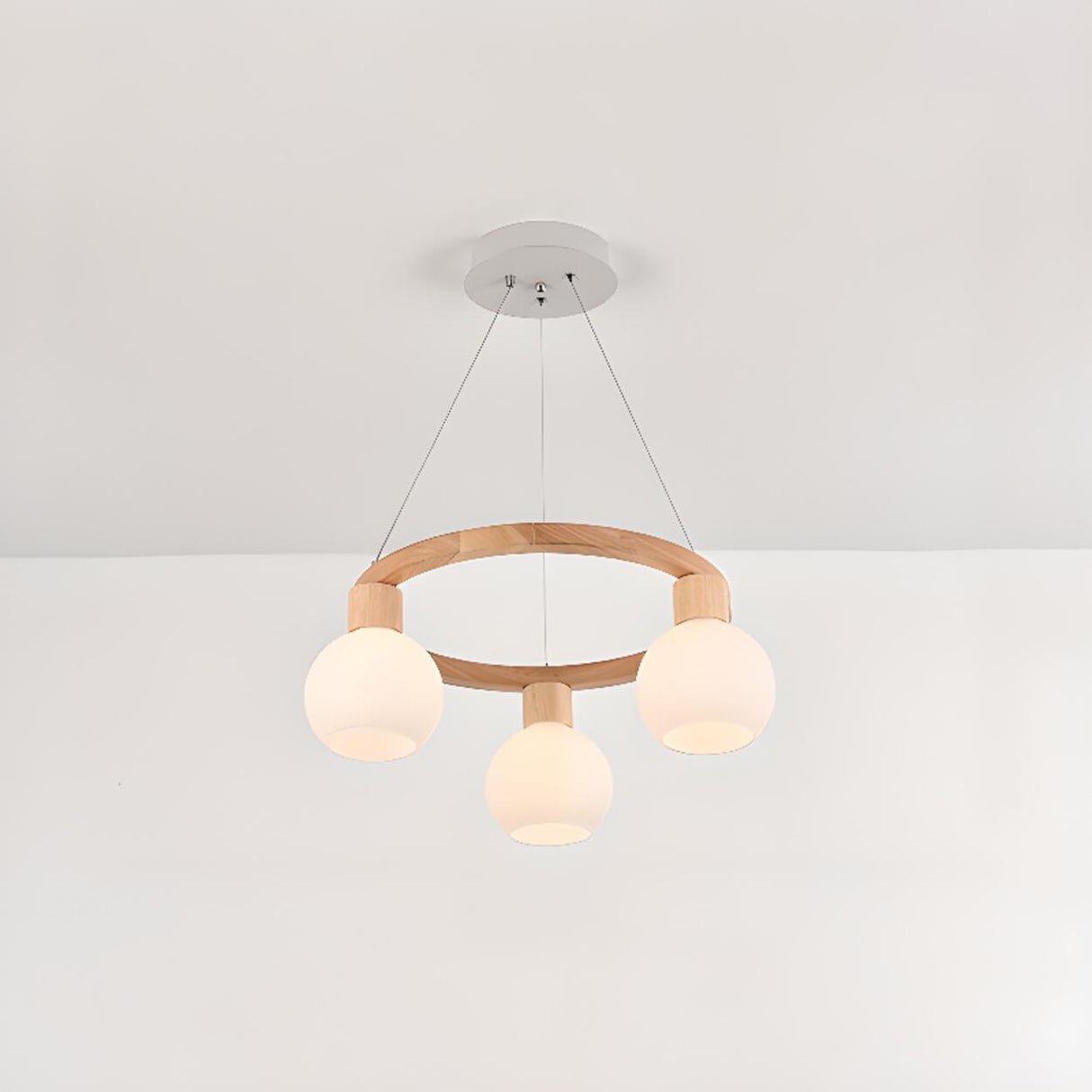 Modern Nordic Globe Milk Glass Wooden Ring Chandelier Image - 9