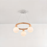 Modern Nordic Globe Milk Glass Wooden Ring Chandelier Image - 9