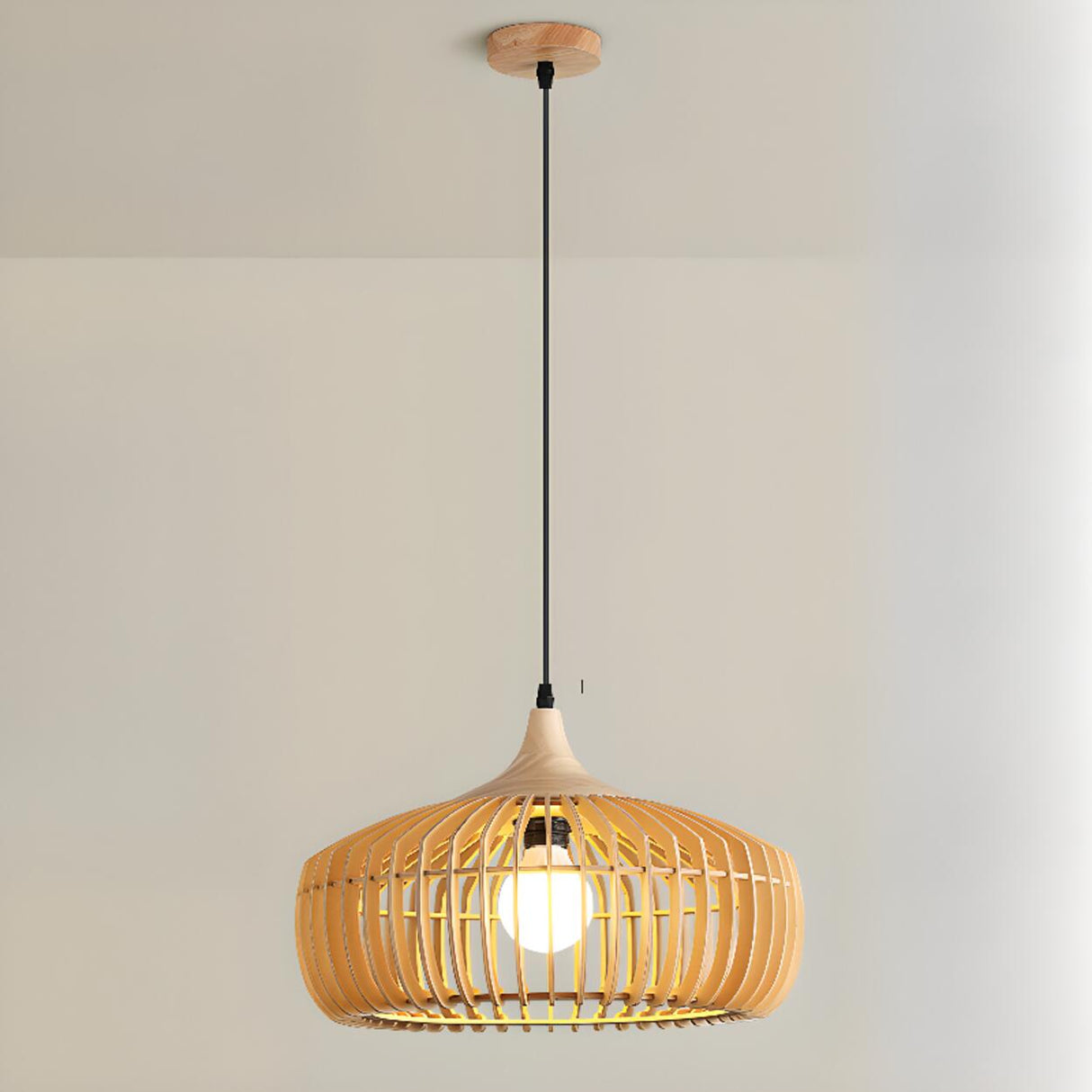 Modern Nordic Round Solid Wood Drum Pendant Light Image - 10