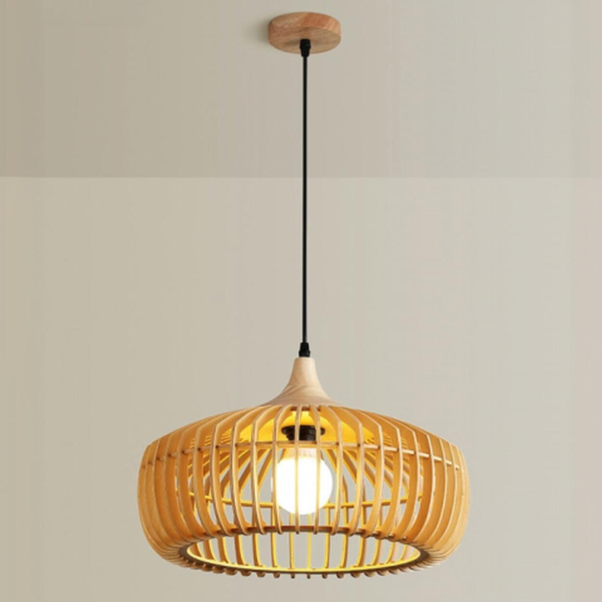 Modern Nordic Round Solid Wood Drum Pendant Light Image - 11