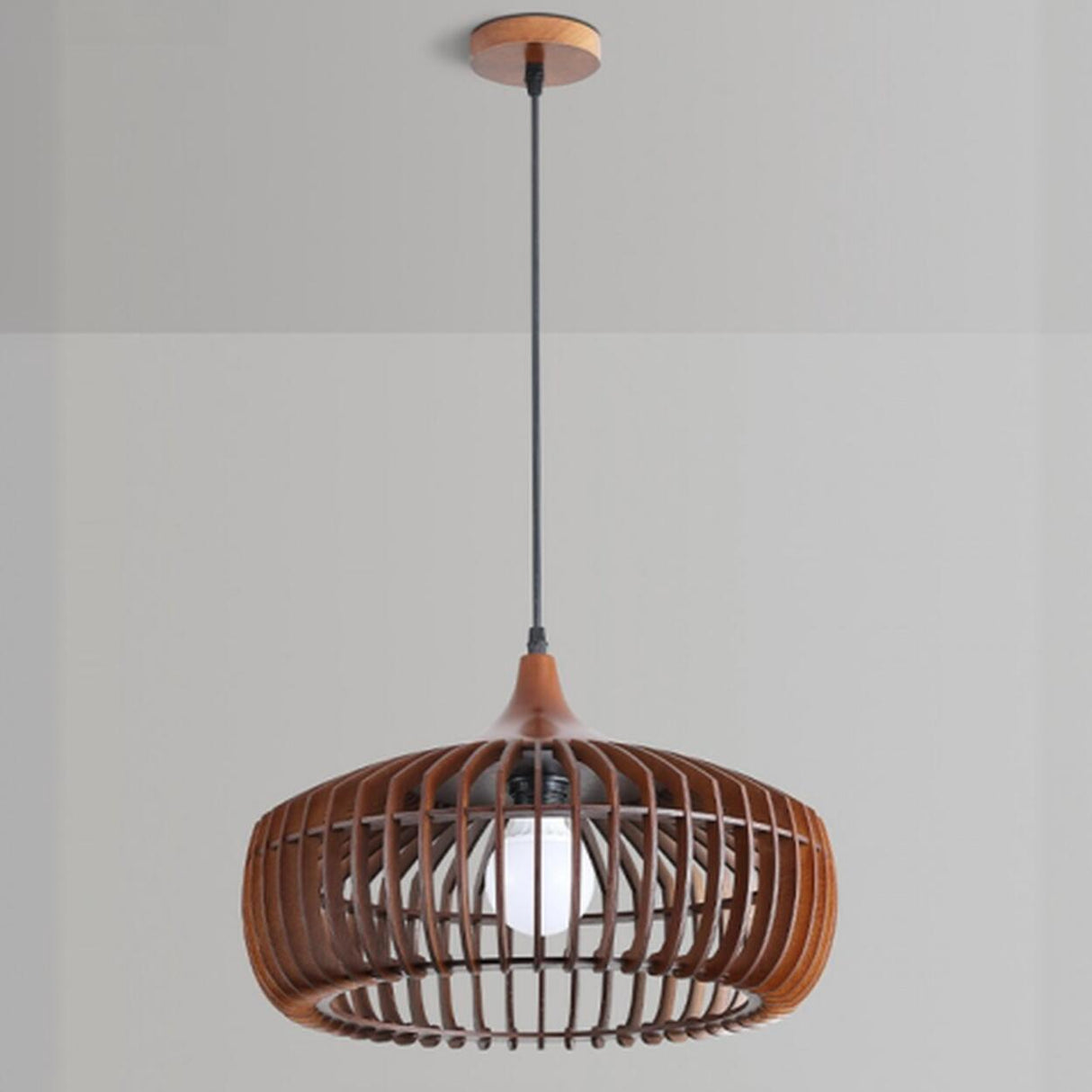 Modern Nordic Round Solid Wood Drum Pendant Light Image - 12