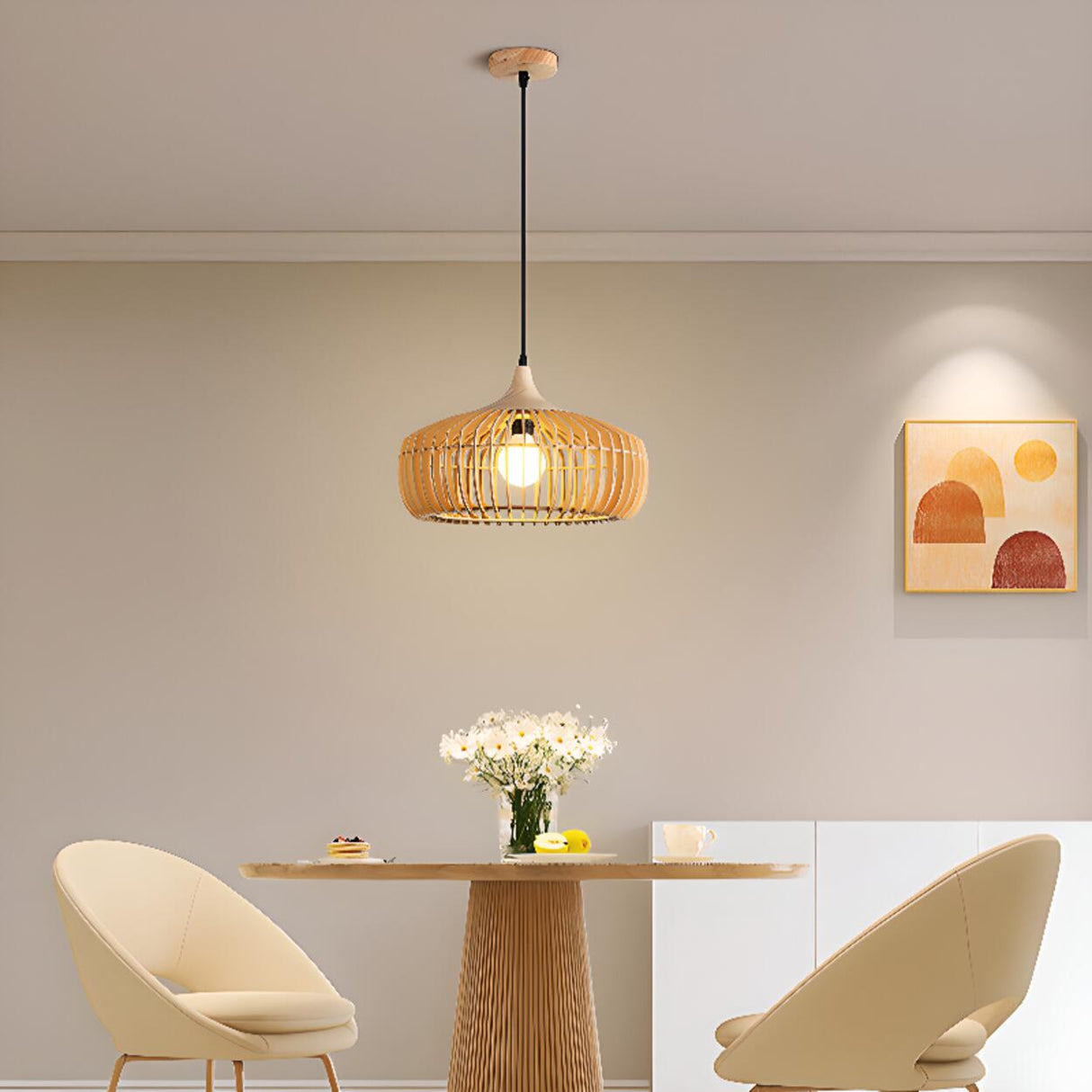 Modern Nordic Round Solid Wood Drum Pendant Light Image - 4