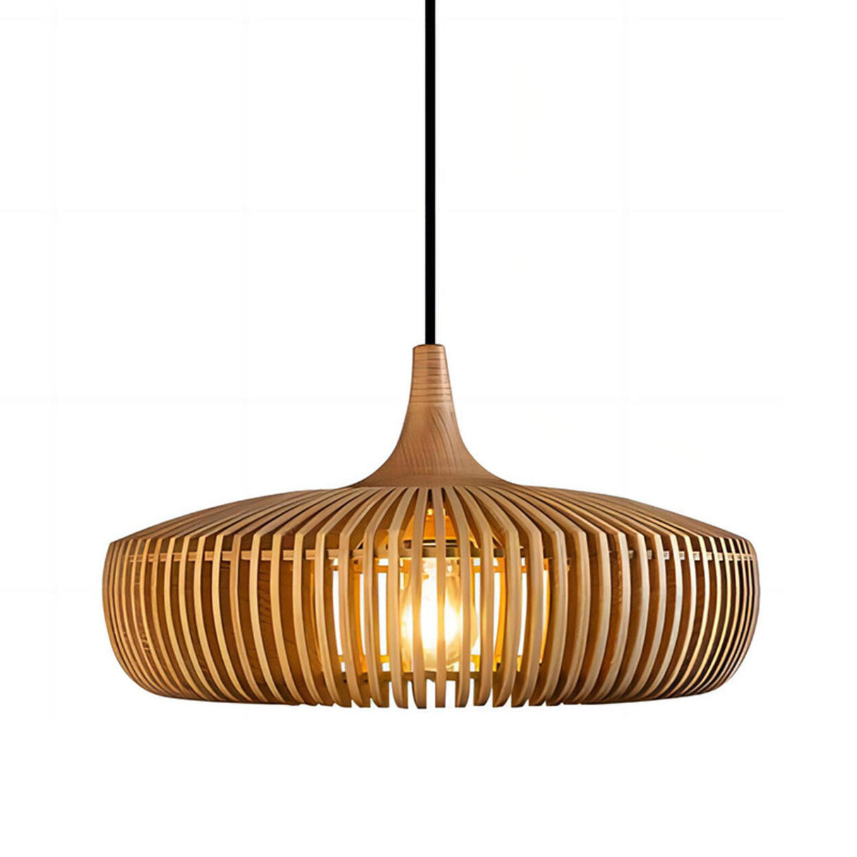 Modern Nordic Round Solid Wood Drum Pendant Light Image - 5