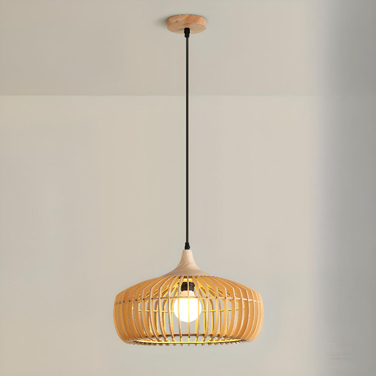 Modern Nordic Round Solid Wood Drum Pendant Light Image - 9