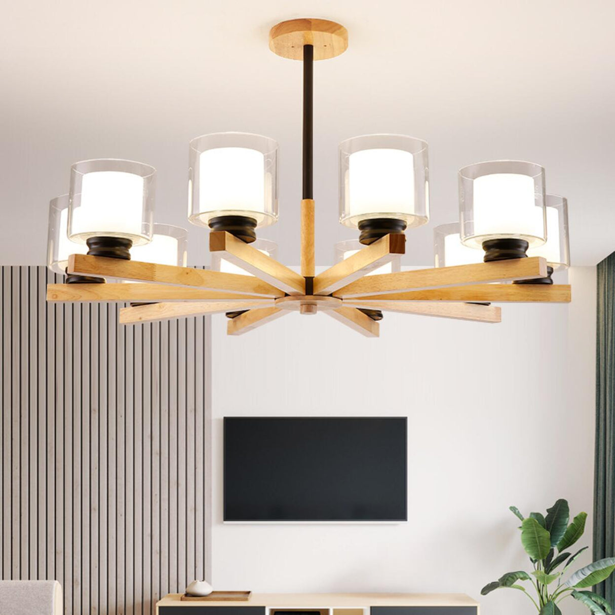 Modern Nordic Wood and Transparent Glass Cylinder Chandelier Image - 1