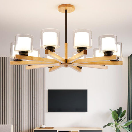 Modern Nordic Wood and Transparent Glass Cylinder Chandelier Image - 1