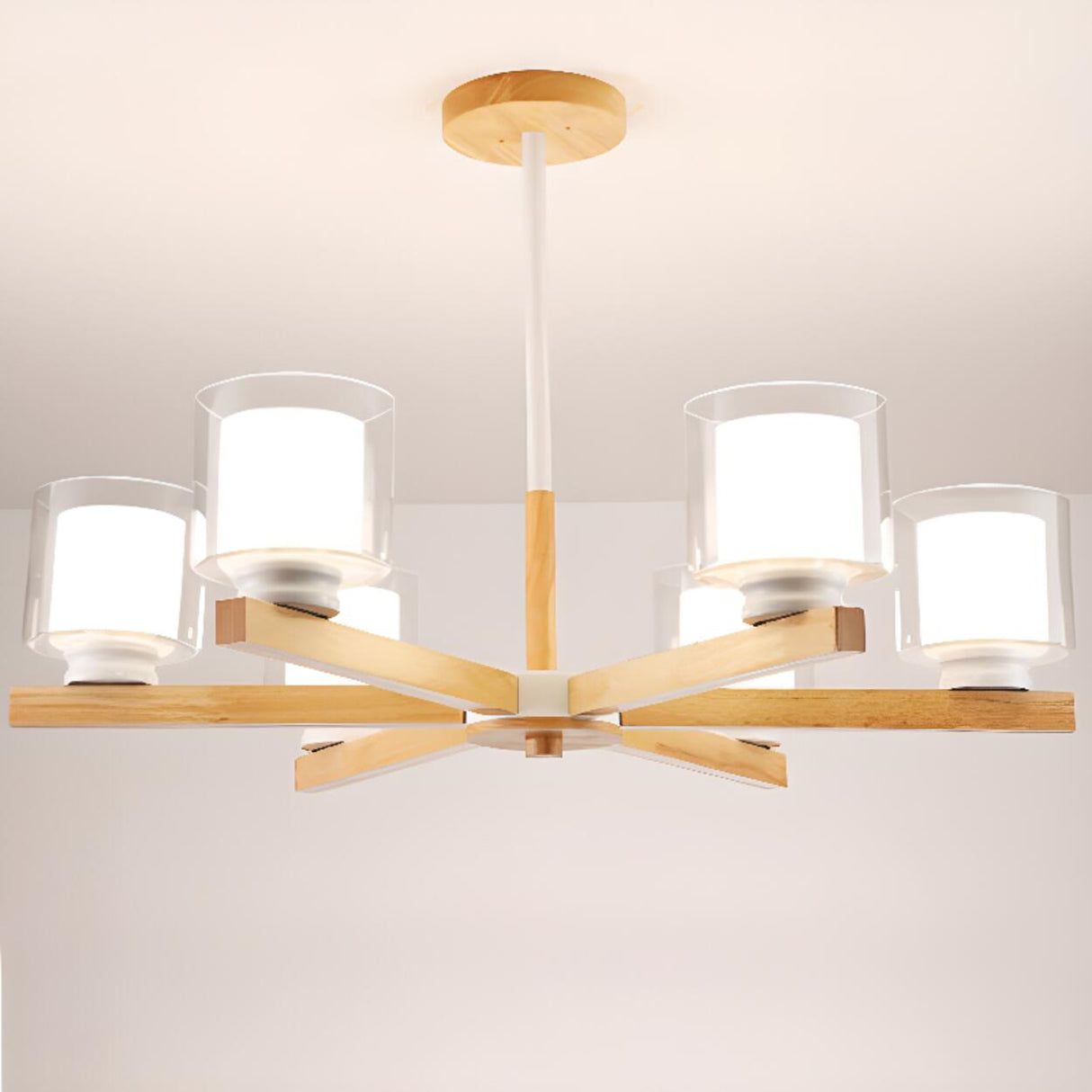 Modern Nordic Wood and Transparent Glass Cylinder Chandelier Image - 10