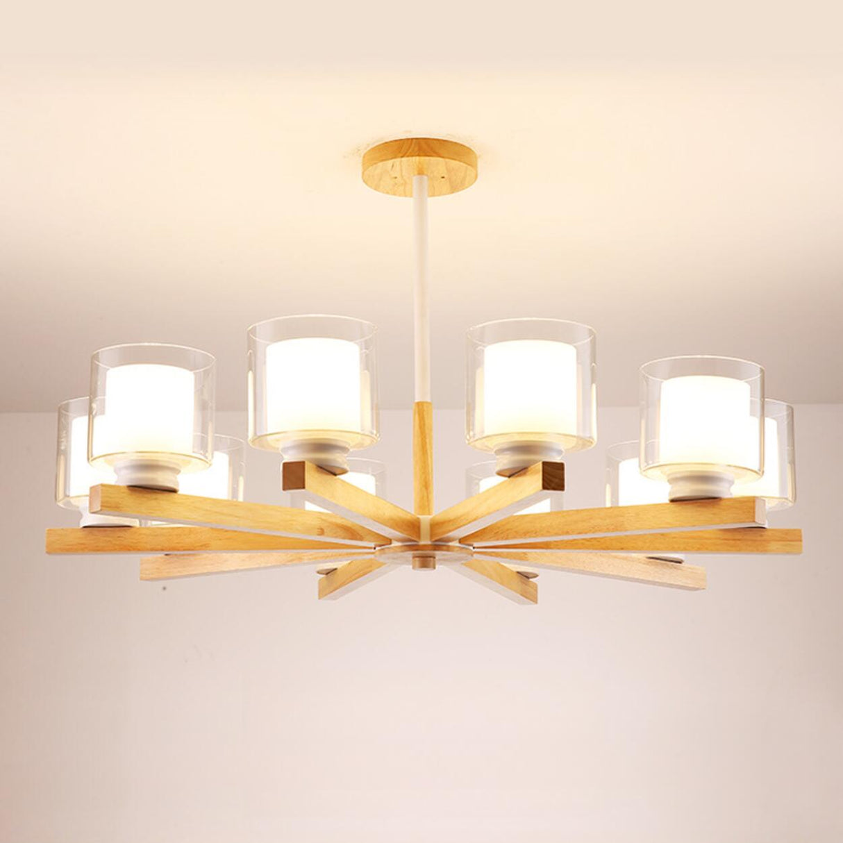 Modern Nordic Wood and Transparent Glass Cylinder Chandelier Image - 12