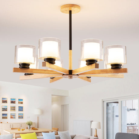 Modern Nordic Wood and Transparent Glass Cylinder Chandelier Image - 2