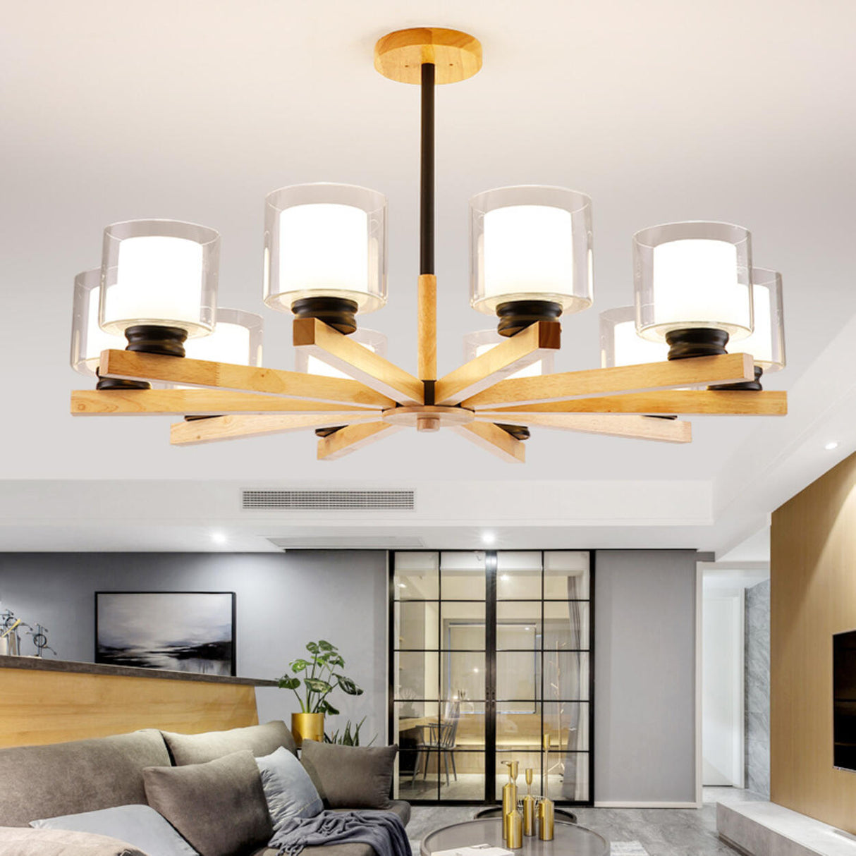 Modern Nordic Wood and Transparent Glass Cylinder Chandelier Image - 3