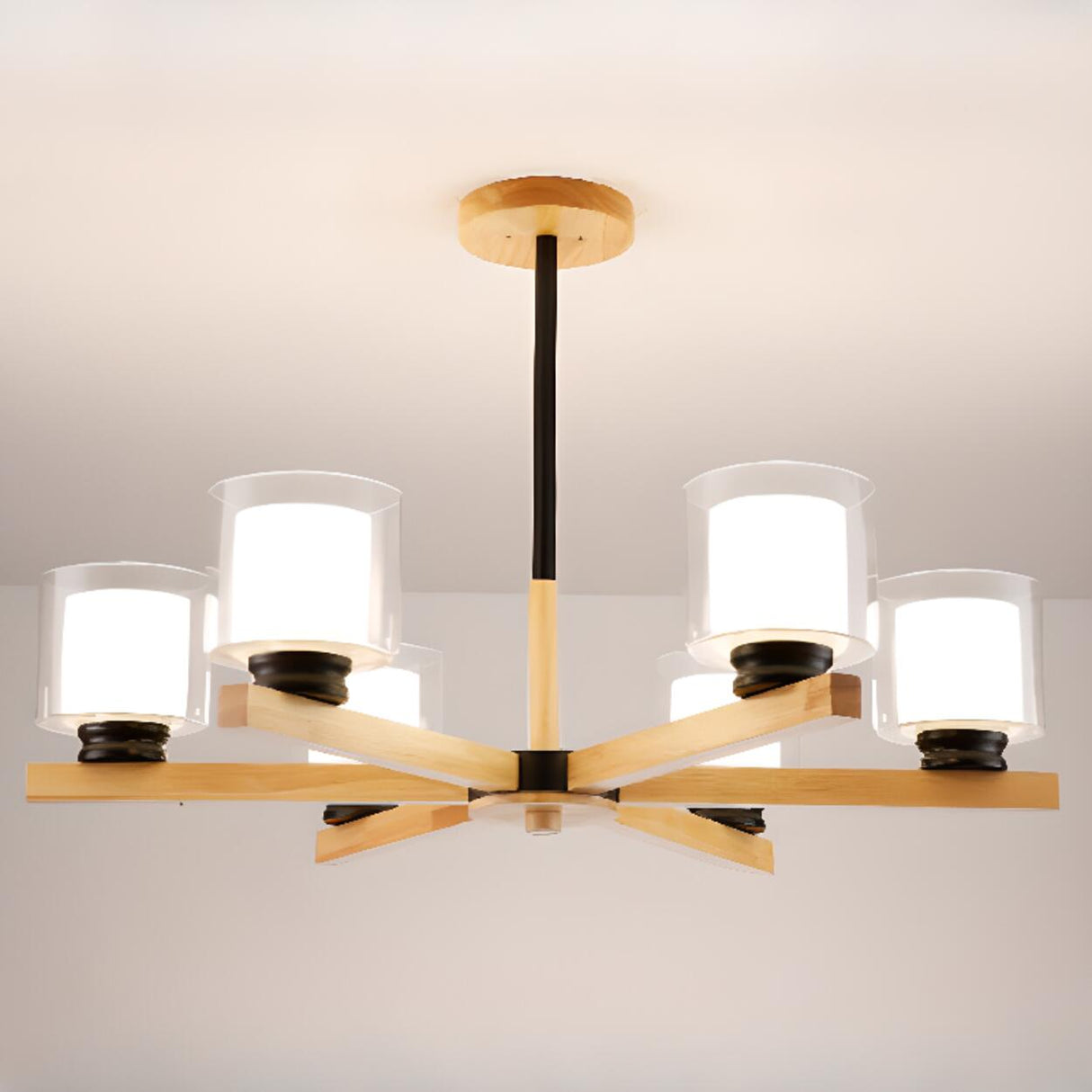 Modern Nordic Wood and Transparent Glass Cylinder Chandelier Image - 6