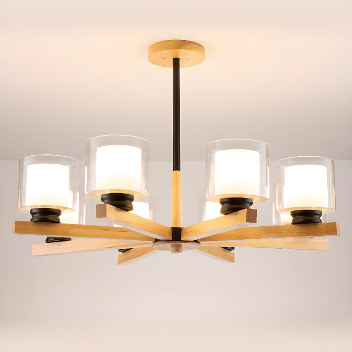 Modern Nordic Wood and Transparent Glass Cylinder Chandelier Image - 7