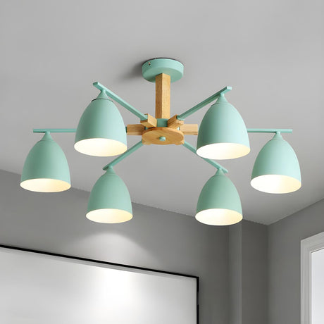 Modern Nordic Wooden Arm Green Dome Round Chandelier Image - 1