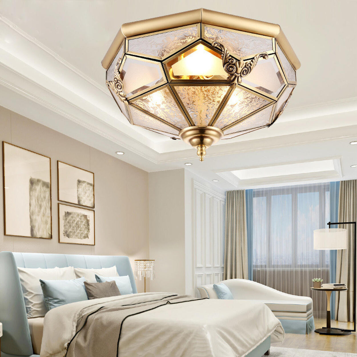 Modern Octagon Drum Glass Flush Mount Light Bedroom Image - 1