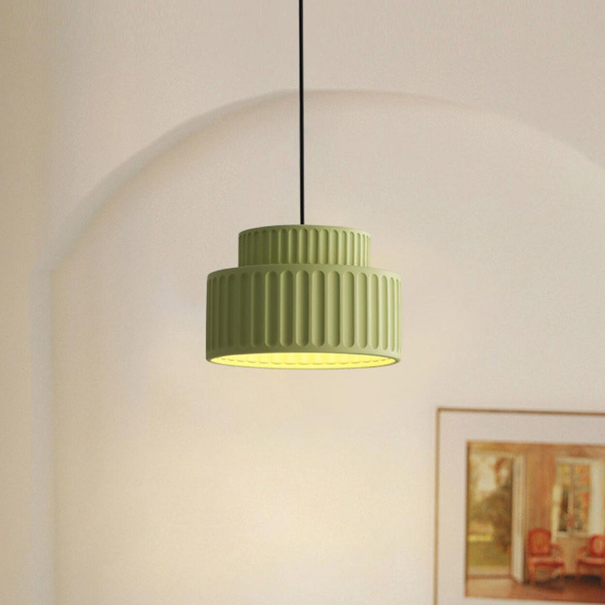 Modern Olive Green Barrel Resin Ceramic Pendant Light Image - 1