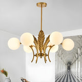 Modern Opal Glass Globes Gold Leaf Hanging Chandelier Image - 1