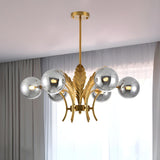 Modern Opal Glass Globes Gold Leaf Hanging Chandelier Image - 13