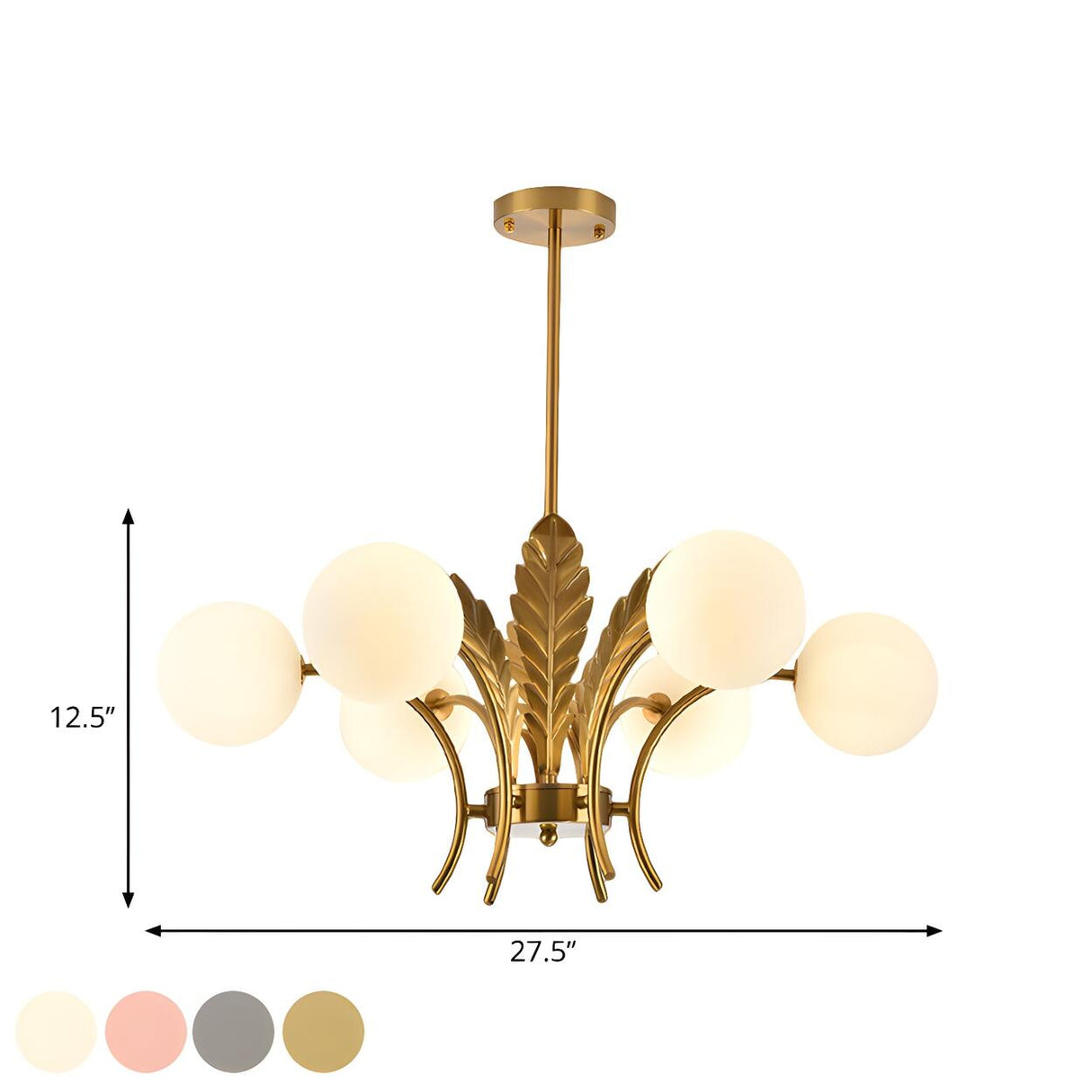 Modern Opal Glass Globes Gold Leaf Hanging Chandelier 