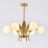 Modern Opal Glass Globes Gold Leaf Hanging Chandelier Image - 3