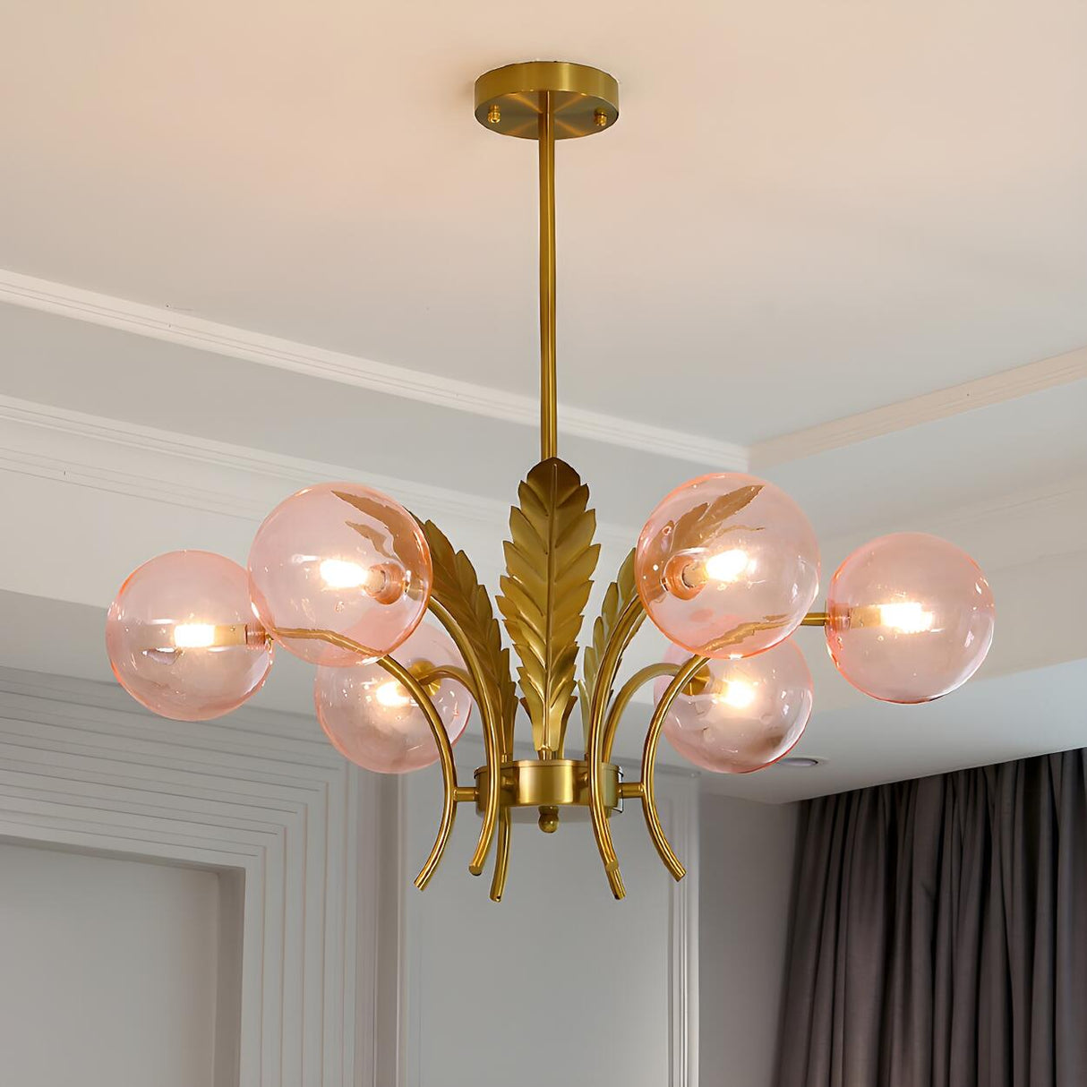 Modern Opal Glass Globes Gold Leaf Hanging Chandelier Image - 4