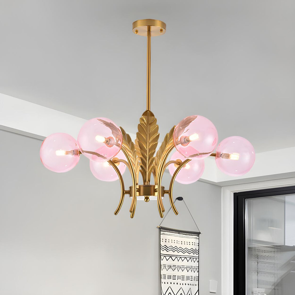 Modern Opal Glass Globes Gold Leaf Hanging Chandelier Image - 5