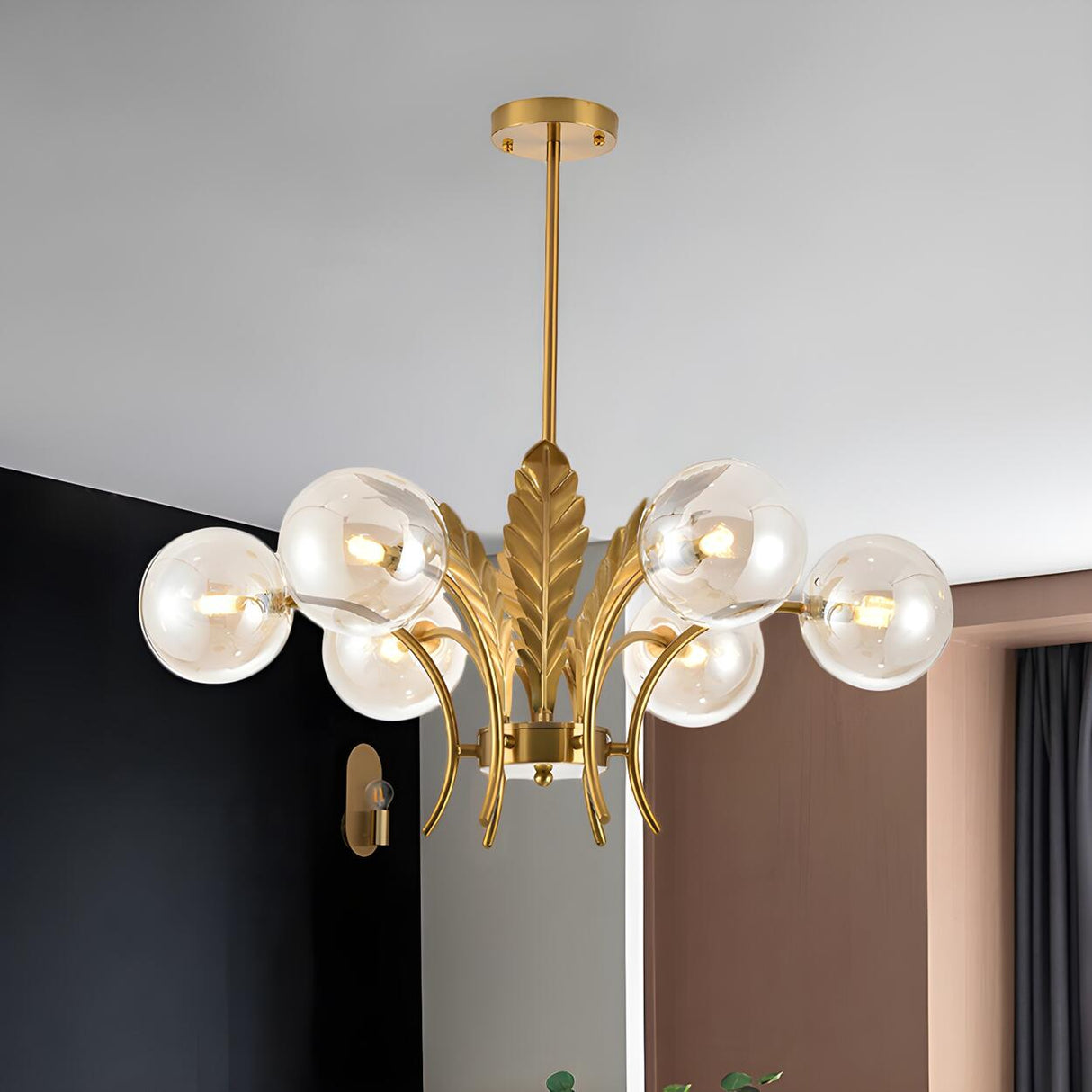 Modern Opal Glass Globes Gold Leaf Hanging Chandelier Image - 9