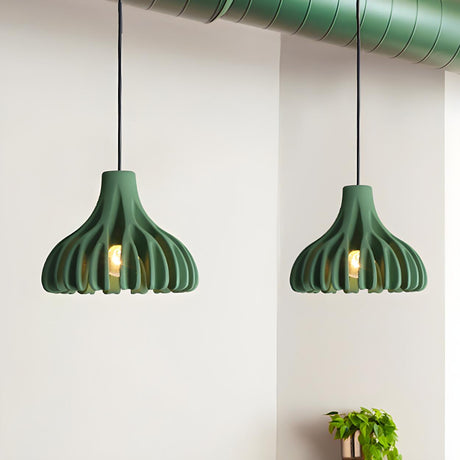 Modern Organic Green Resin Unique Ribbed Pendant Light Image - 1