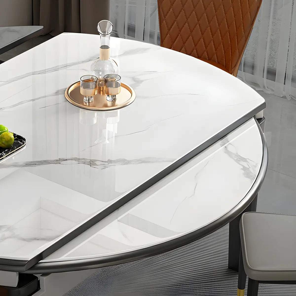 Modern Oval Marble Dining Table White Self-Storing Leaf Image - 11