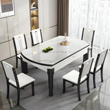 Modern Oval Marble Dining Table White Self-Storing Leaf Image - 5