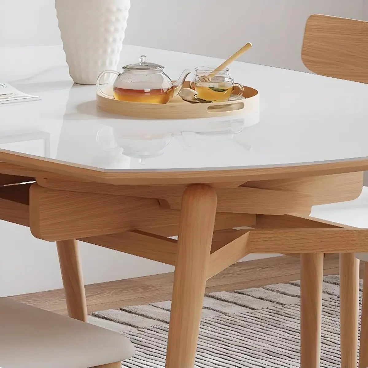 Modern Oval Round Stone Dining Table Wood Extendable Image - 3